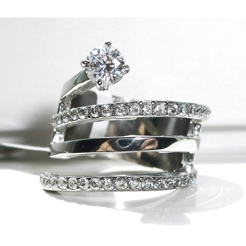 STAINLESS STEEL Unique Cubic Zirconia Swirl Statement Ring - Picture 2 of 14